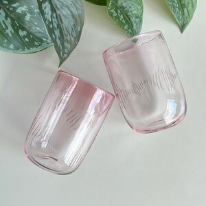 Pink Etched Handblown Glass Cups Pair Set of 2